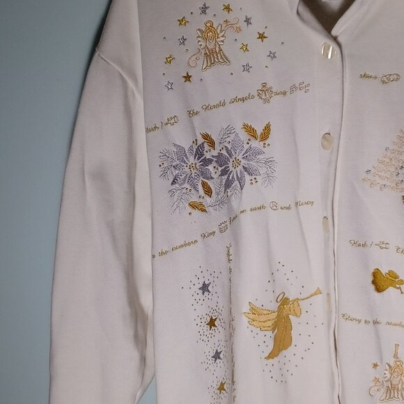 Womens Christmas Sweatshirt Plus Size 4X White Button Up Holiday Angels Festive - Picture 3 of 8